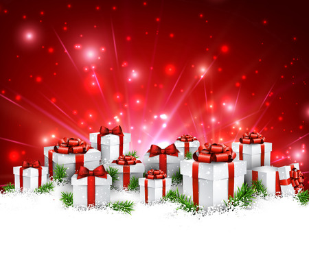 Christmas red background with gifts. Vector Illustration.のイラスト素材
