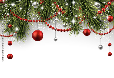 Christmas background with fir branches and balls.