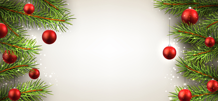 Christmas background with fir branches and red balls.のイラスト素材