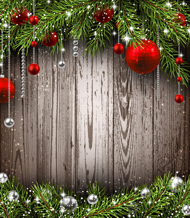 Christmas wooden background with fir branches and balls.のイラスト素材
