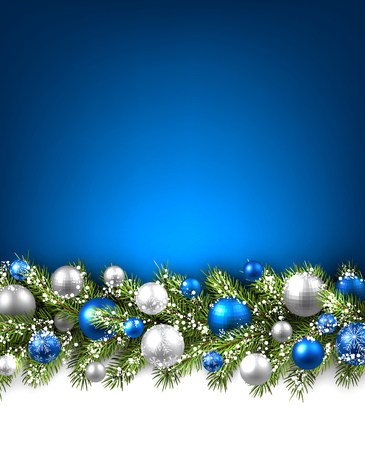 Blue card with fir branch and balls. Vector paper illustration.