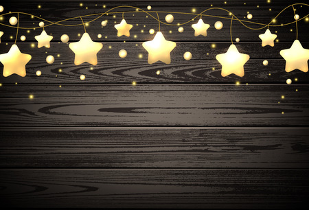 Wooden background with garland of stars. Vector illustration.のイラスト素材