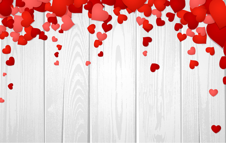 Wooden valentine's background with hearts. Vector paper illustration.のイラスト素材