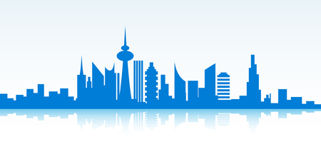 Blue cityscape banner on white background. Vector paper illustration.のイラスト素材