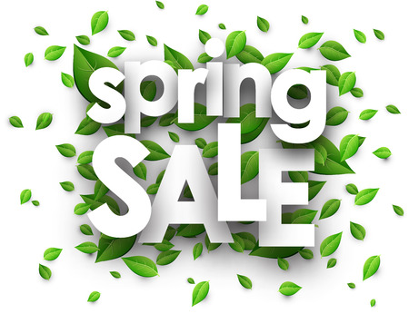 Spring sale paper white background with green leaves. Vector illustration.のイラスト素材