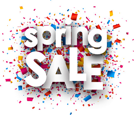 Spring sale paper white background with color confetti. Vector illustration.のイラスト素材