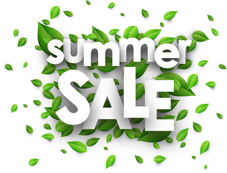 Summer sale paper white background with green leaves. Vector illustration.のイラスト素材