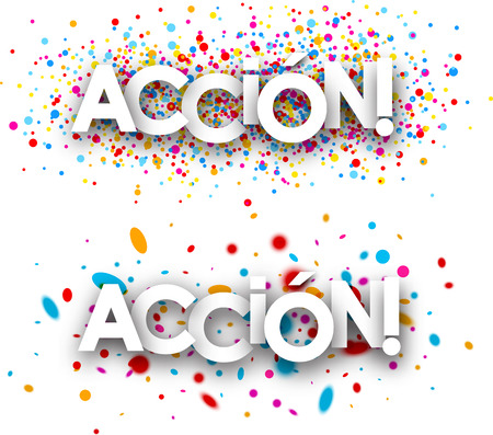 Action paper banners set with color drops, Spanish. Vector illustration.のイラスト素材