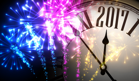 2017 New Year background with clock and colorful fireworks. Vector illustration.のイラスト素材