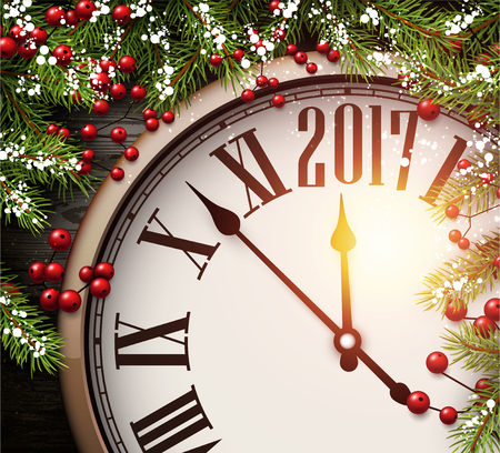 2017 New Year background with clock and fir branches. Vector illustration.のイラスト素材