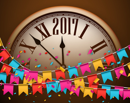 2017 New Year background with clock and color flags. Vector illustration.のイラスト素材
