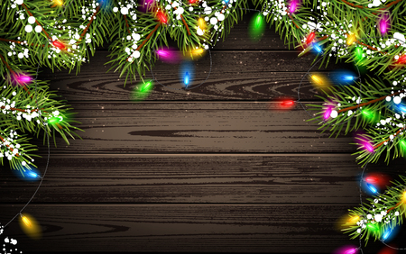 Wooden background with Christmas lights and fir branches.のイラスト素材