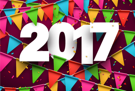 2017 year pink background with colour flags and confetti. Vector illustration.