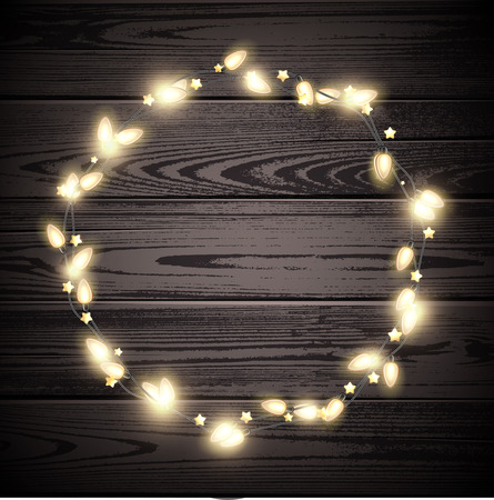 Wooden background with round Christmas garland of lights. Vector illustration.のイラスト素材