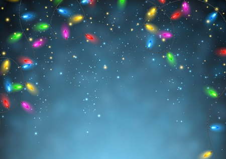 Color Christmas garland of lights on blue background. Vector illustration.のイラスト素材