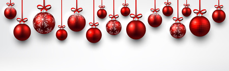 New Year white banner with red Christmas balls. Vector illustration.のイラスト素材