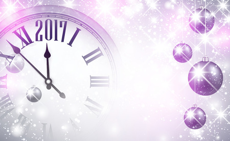 2017 New Year magic background with clock and balls. Vector illustration.のイラスト素材