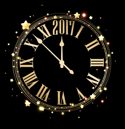 2017 new year black background with golden clock. Vector illustration.のイラスト素材
