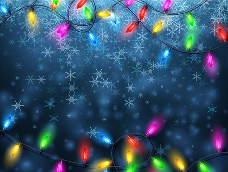Blue background with ?olor Christmas garland lights and snowflakes. Vector illustration.のイラスト素材