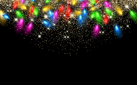 Color Christmas garland of lights on black background. Vector illustration.のイラスト素材