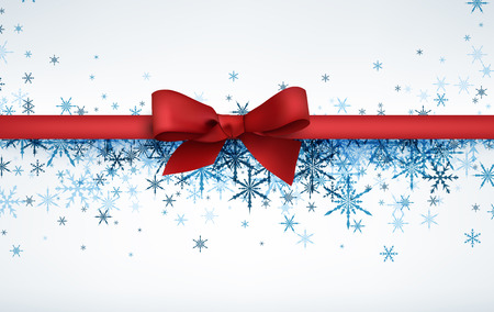 White winter background with snowflakes and red bow. Vector illustration.のイラスト素材