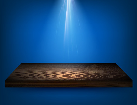 Blue background with wooden shelf and backlight. Vector illustration.のイラスト素材