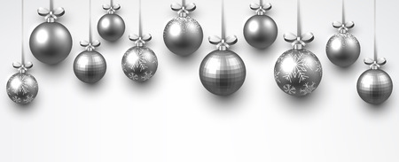 New Year white banner with silver Christmas balls. Vector illustration.のイラスト素材