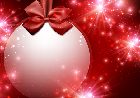 Christmas luminous red background with satin bow. Vector illustration.のイラスト素材
