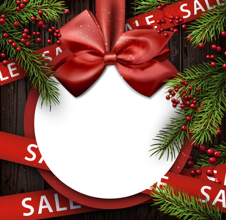 Christmas sale background with fir branches and bow. Vector illustration.のイラスト素材