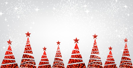 New Year banner with original red Christmas trees. Vector illustration.のイラスト素材