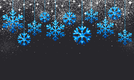 Black winter background with blue Christmas snowflakes. Vector illustration.のイラスト素材