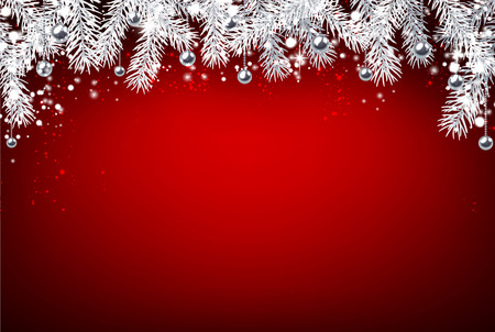 Red Christmas background with white fir branches. Vector illustration.のイラスト素材