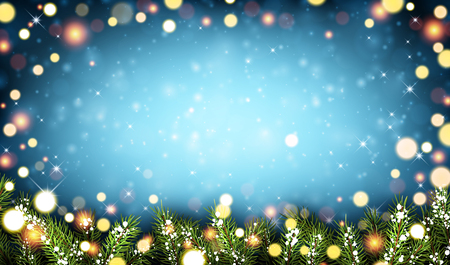 Blue luminous winter background with green fir branches. Vector illustration.のイラスト素材