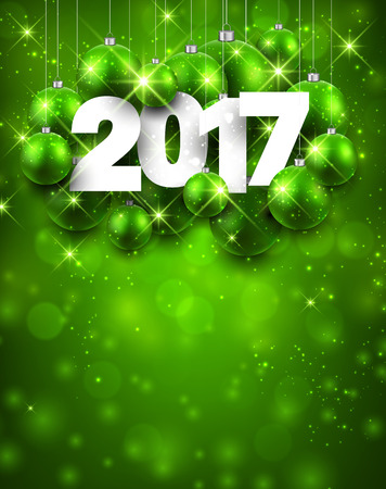 Green 2017 New Year background with Christmas balls. Vector illustration.のイラスト素材