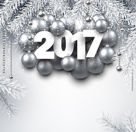 2017 New Year background with silver Christmas balls. Vector illustration.のイラスト素材