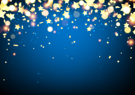 Blue festive background with confetti and yellow stars. Vector illustration.のイラスト素材