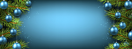 New Year blue banner with Christmas balls. Vector illustration.のイラスト素材