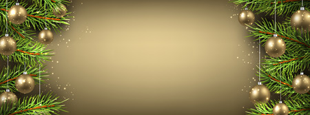 New Year banner with golden Christmas balls. Vector illustration.のイラスト素材