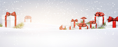 New Year banner with red gifts and snow. Vector illustration.のイラスト素材
