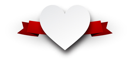 White Valentine's heart with red ribbon. Vector paper illustration.のイラスト素材