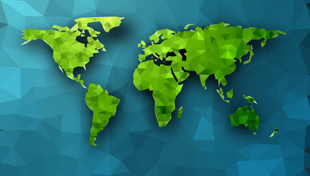 Green mosaic geometric abstract world map on blue. Vector paper illustration.のイラスト素材