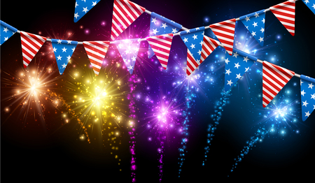 USA Independence Day background with American flags and fireworks. Vector illustration.のイラスト素材