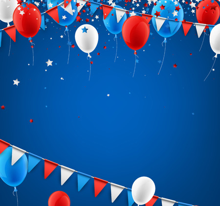 Blue USA Independence Day background with flags and balloons. Vector illustration.のイラスト素材