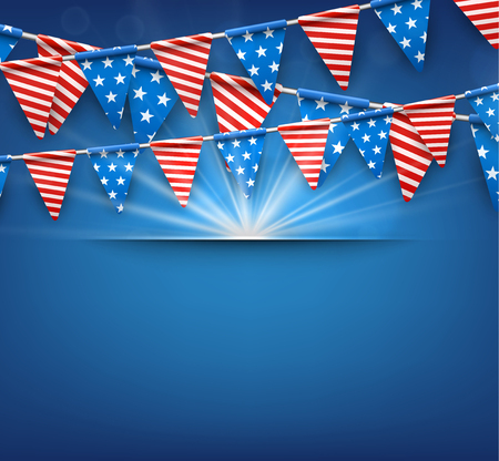 Blue USA Independence Day background with American flags. Vector illustration.のイラスト素材