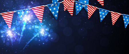 USA Independence Day banner with American flags and fireworks. Vector illustration.のイラスト素材