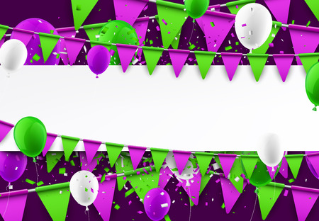 Festive background with green and lilac flags and balloons. Vector illustration.のイラスト素材