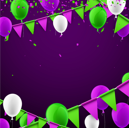 Purple festive background with green flags and balloons. Vector illustration.のイラスト素材