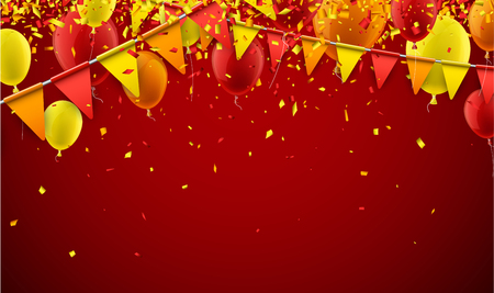Red background with yellow and orange flags and balloons. Vector illustration.のイラスト素材