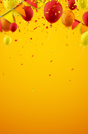 Yellow background with red and orange flags and balloons. Vector illustration.のイラスト素材
