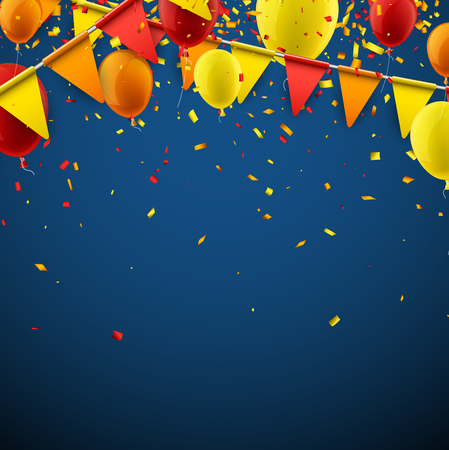 Blue background with red and yellow flags, balloons and confetti. Vector illustration.のイラスト素材